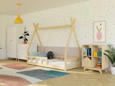 Produktbild von Niedriges Hausbett FENCE 6-in-1 in Tipi-Form mit Barriere 90x180 cm Transparente matte Wachslasur, Mit einer Barriere