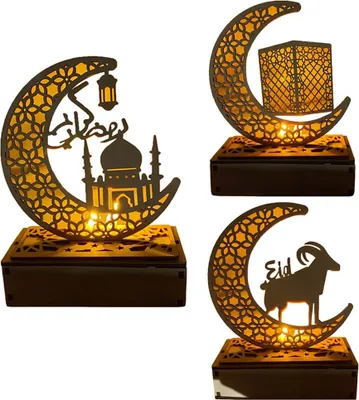 Produktbild von 3 Stück Ramadan Laterne LED Holz Mond Sterne Lichtdekoration Ramadan Eid Mubarak Home Decor Craft Ramadan Dekoration Typ1+Typ4+Typ5