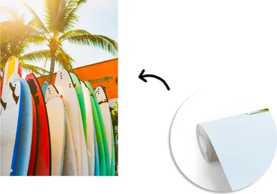 Produktbild von MuchoWow® Fototapete für Wohnzimmer oder Schlafzimmer Wandtapete Vinyl Motivtapete Surfbretter unter einer Palme - 190x280 cm - Küche
