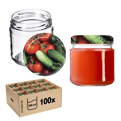 Produktbild von KADAX Kleine Einmachgläser 200 ml, Marmeladengläser, fi66 mm, Minigläser für Honig und Gewürze, Luftdichte Gläschen, Einweckglas, Gläser, Einweckgläser, Rundgläser (100 Stück, Vege)
