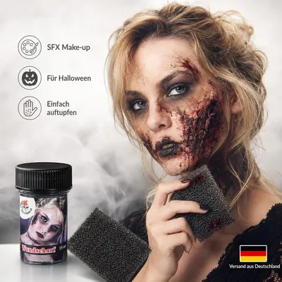 Produktbild von Wundschorf 15 ml inkl. grobem Schwamm – Dickflüssiges Krustenblut/Kunstblut für Halloween Make-up, Zombie, Vampir, Horror Wunden, Cosplay, Fasching & SFX