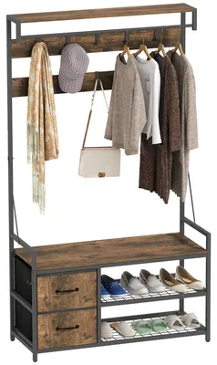 Produktbild von 6-in-1 Garderobenständer mit Schuhregal, Industrie-Stil, 10 Haken, 2 Stoffschubladen, Metall, Braun