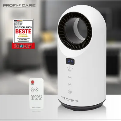 A white ProfiCare PTC fan heater and remote control are displayed on a white surface with a blurred background. A "Test Deutschlands Beste" badge is visible on the left.