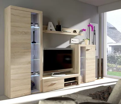Produktbild von Wohnwand Rumba sonoma eiche mit LED-Beleuchtung, inkl. Vitrine und Lowboard