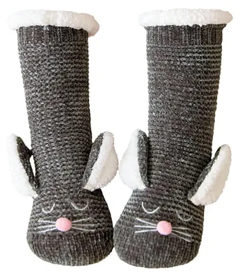 Produktbild von Kuschelsocken Damen mit Anti-Rutsch-Sohle, warme Hausschuhe, Wintersocken, Stoppersocken, Hüttensocken, 3D Hase, Dunkelgrau, Größe 35-41