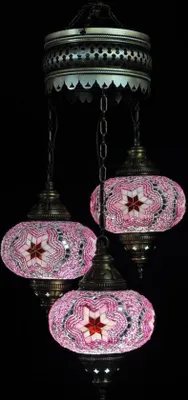 Produktbild von Türkische Hängelampe - Mosaiklampe - Marokkanische Lampe - Authentische Handarbeit - 3 bunte Glaskugeln - 80 cm hoch