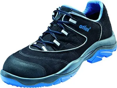 A single black and blue safety shoe is shown against a white background.