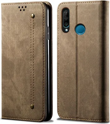 Produktbild von Huawei P30 Lite Hülle, LaimTop Denim Leder Brieftasche Magnetverschluss Flip Bookstyle Schutzhülle mit Standfunktion für Huawei P30 Lite Khaki