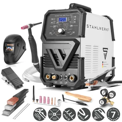 Image de STAHLWERK Poste à souder sous protection gazeuse AC/DC TIG 200 Puls Pro - équipement complet - onduleur combiné avec 200 A, fonction MMA, fonction pulse, aluminium & tôle fine