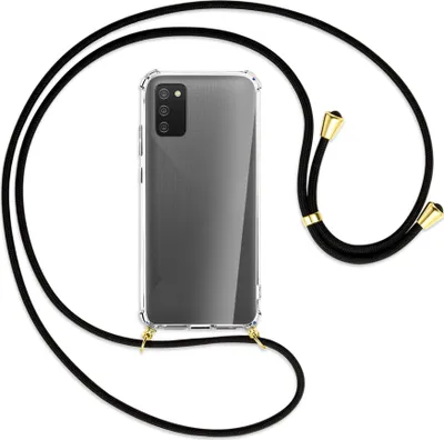 Produktbild von Handykette Backcover-Schutzhülle mit Band (Metall goldfarben) für Samsung Galaxy A02s - schwarz