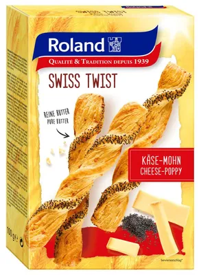Obrázek produktu pro Roland Swiss Twist sýrové tyčinky z listového těsta s mákem 100g