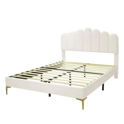 Produktbild von CDGlobal Polsterbett 140x200cm mit Blumenform-Kopfteil und Lattenrost, höhenverstellbares Kopfteil, Samt Doppelbett Funktionsbett Kinderbett Jugendbet