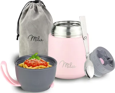 Image de Milu® Contenant isotherme pour aliments 450 ml, récipient isotherme en acier inoxydable avec cuillère, mug isotherme pour aliments, boîte à lunch isotherme pour enfants, adultes, boîte isotherme pour soupes, bouillies pour bébés, récipient alimentaire rose, 450 ml
