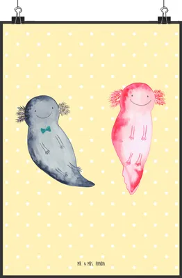 Produktbild von Mr. & Mrs. Panda Bild Axolotl Freundin DIN A2 - Gelb Pastell - Geschenk, Wandbild, Liebe, Valentinstag, wanddeko, drucke, Kunstdruck, Paar, poster