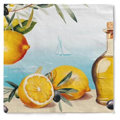 Produktbild von MANK Serviette Olives & Lemons aus Tissue 3-lagig, 40 x 40 cm, 1/4 Falz, 100 Stück - Mediterran