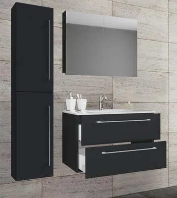 Produktbild von VCM 4-tlg. Waschplatz Waschtisch | Waschbecken Unterschrank Breite 80 cm | Badmöbel Set mit Schubladen Drehtüren Spiegelschrank | Badinos