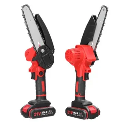 Produktbild von Kettensäge Akku 6 Zoll 21V Elektrokettensäge mit 2*Batterie, 2*Ketten, Ladegerät, Bürstenmotor für Gartenarbeit Baumbeschneidung Holzschneiden, rot