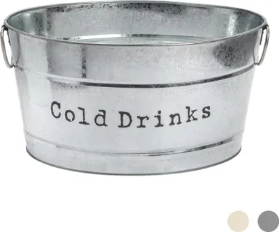 A silver metal bucket with handles and the words "Cold Drinks" printed on it.