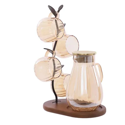 Image de 1,5 Lilter Carafe à eau en verre Set avec 4 gobelets 1 cadre Couvercle Marron pour eau froide&chaude