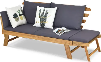 Produktbild von GOPLUS 2 in 1 Gartenbank & Gartenliege, 2 Sitzer mit Kissen bis zu 320 kg, Akazienholz  mit Verstellbarer Armlehne & Abnehmbaren Sitz- & Rückenkissen