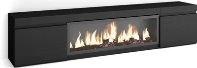 A black electric fireplace unit with a glass front showing flames and logs.