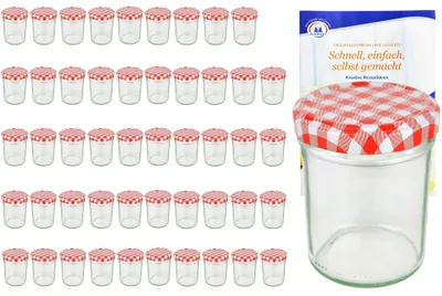 Image de lot de 50 pots 230 ml HOCH To 66 avec couvercle rouge à carreaux et livret de recettes Diamant Gelierzauber
