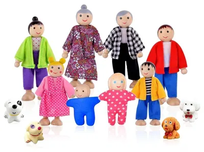 Puppenhaus Familie Set, 7-teilig, Holz, beweglich, mit Hund & Katze