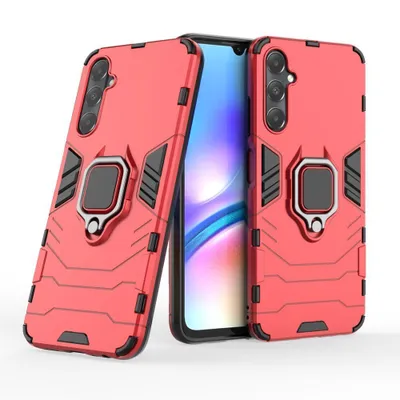 Two red phone cases with integrated ring holders are displayed next to a smartphone.