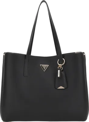 A black tote bag with a gold logo and keychain.