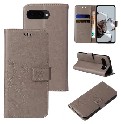 Produktbild von Handyhülle für Google Pixel 9a Floral Blumen Schmetterling Flip Cover Hülle Case Klapphülle Handytasche Farbe: Grau