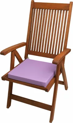 A wooden garden chair with a purple cushion.