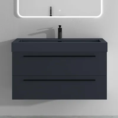 Produktbild von Mai & Mai Badmöbelset Komplett Set Waschbeckenunterschrank 100cm Unterschrank in matt Anthrazit mit Waschschbecken aus Mineralguss Quadratto
