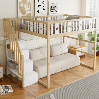 Productafbeelding van Kinderekkerbed 140 x 200 cm, gemaakt van massief hout, met een hoogslaper, trap, veiligheidsrelingen, planken, een zithoek en sterren- en maantjesdecoratie
