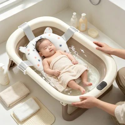 Produktbild von Faltbare Baby Badewanne,Babybadewanne mit Thermometer und Badematte Rutschfeste,XXL Babywanne Badebecken Duschwanne für Kleinkinder 0-3 Jahre(braun)