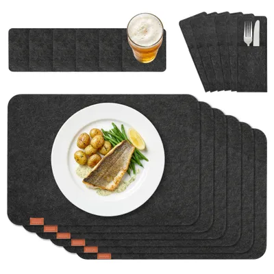 Produktbild von Van Henry Platzsets Filz Tischsets 18er Set- Abwaschbare Platzsets, Untersetzer & Bestecktaschen in Dunkelgrau für Tisch, Bar und Küche