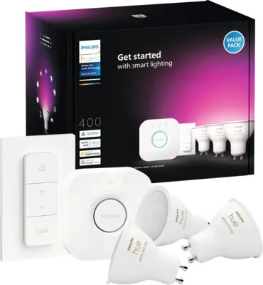 Produktbild von Philips Hue White and Color ambiance Starter-Set: 3 smarte GU10-Spots + Dimmschalter, Bluetooth/Zigbee, Weiß, LED, GU10, GU10, 2000 K