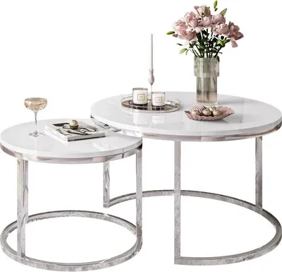 Produktbild von Runder Couchtisch CIRI 2in1 Hochglanz mit Chromuntergestell, Chrom / Weiß hochglanz