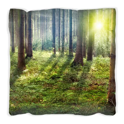 Produktbild von Wallario Premium Kissen, weiche Oberfläche, mit Motiv Sonnenuntergang im Wald zwischen den Bäumen, Größe: 30 x 30 cm, mit weißer Rückseite