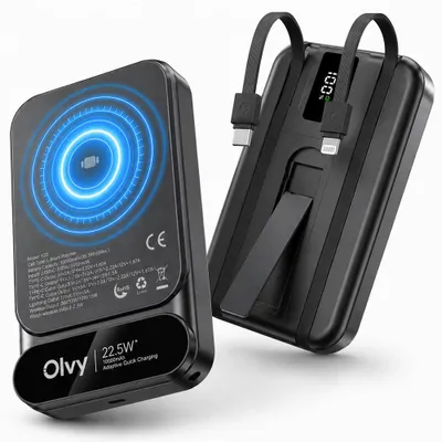 Produktbild von Olvy 4-in-1 Magnetische Powerbank 10.000 mAh – 22,5 W Schnellladen – Tragbares Ladegerät mit USB-C-Schnellladekabel & Lightning – Schwarz