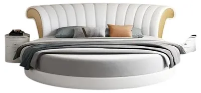 Productafbeelding van Wit gestoffeerd bed, stijlvolle slaapkamer, rond bed, tweepersoonsbed