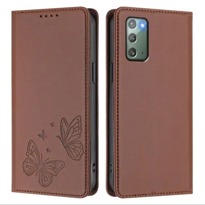 Produktbild von Lederhülle für Samsung Galaxy Note 20, Schmetterling Prägung Leder Brieftasche Schutzhülle mit Ständer Braun