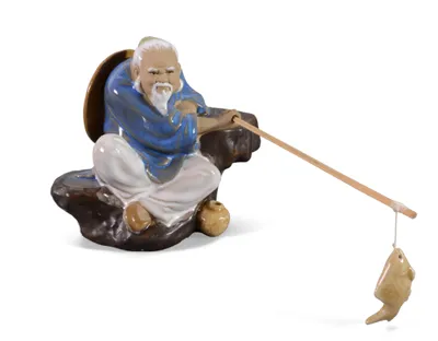Produktbild von Fischer, Angler Figur, Fischer Skulptur, chinesischer Mudman, Vintage Fischer Statue 10cm aus Ton, handgefertigt