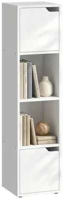 Image de Étagère bibliothèque - Étagère étroite à 4 niveaux - 2 portes - 2 compartiments ouverts - Meuble de rangement haut pour salon ou bureau - 30x29x119 cm - Blanc