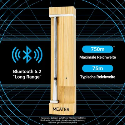 A marketing image showing a Bluetooth grill thermometer with feature callouts.