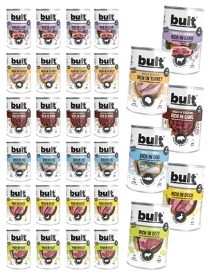 Produktbild von BULT | Nassfutter für Hunde Mix 6 Sorten - Hundefutter Dosen 24x400 g - Kabeljau, Wild, Pute, Lamm, Ente, Rind - 75% Fleischanteil