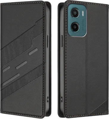A black leather flip case for a smartphone is shown from two angles.