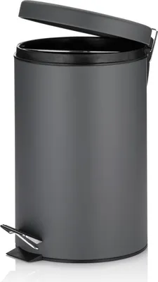 A gray pedal bin with its lid open.