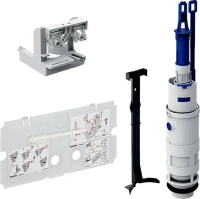 A collection of plumbing parts for a toilet cistern.