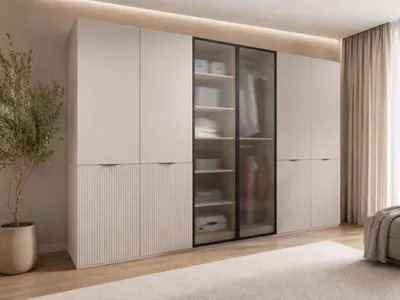Produktbild von Drehtürenschrank, Falttürenschrank 6-türig Schrank mit Einlegeböden und Kleiderstange, Schlafzimmer - Schrank Minewra 300- Beige Flutes