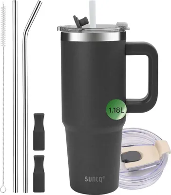Produktbild von SUNTQ 40oz Tumbler mit Griff und Strohhalm, Edelstahl, doppelwandig vakuumisoliert